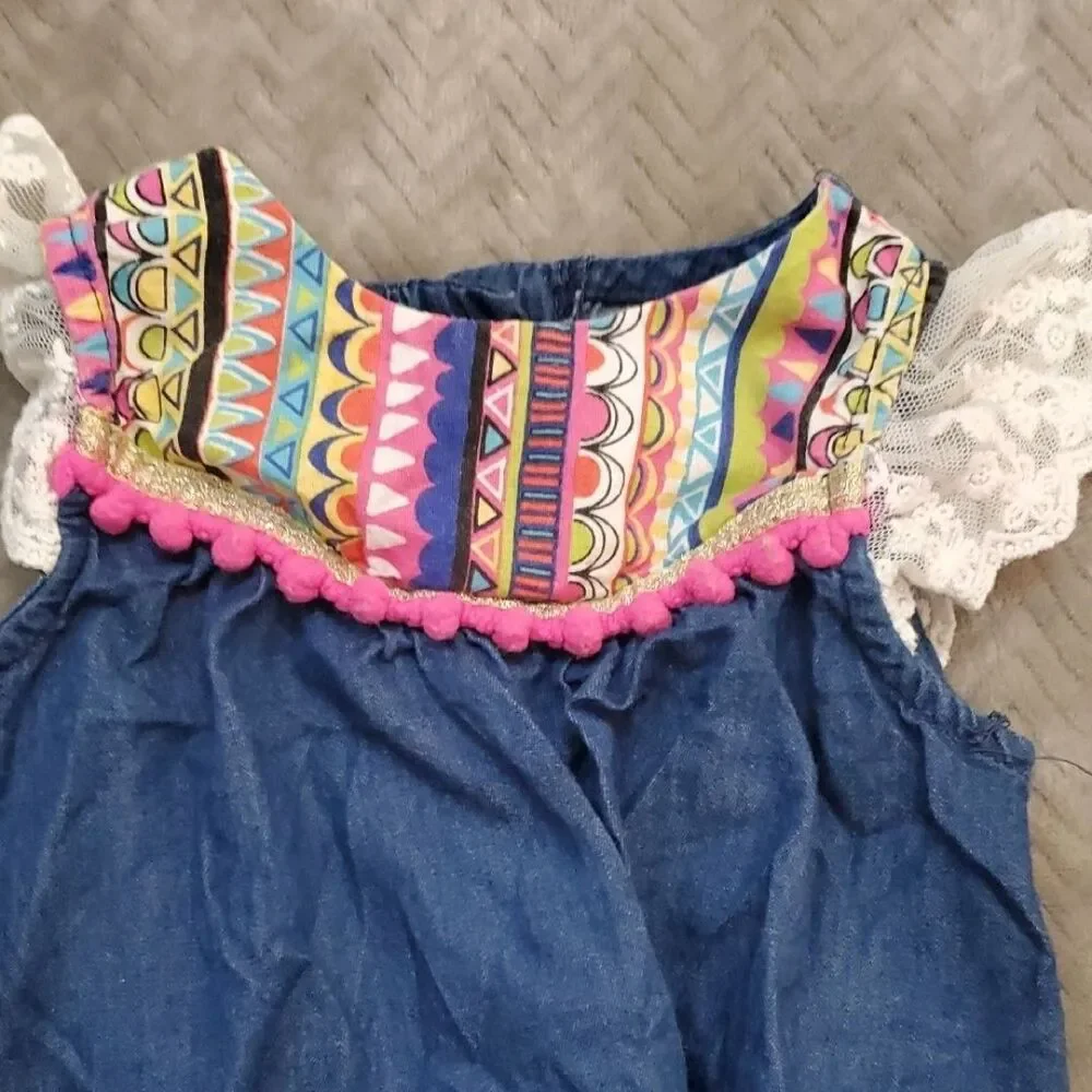 Rare Editions Denim Top with Colorful Pattern and Lace Sleeves Baby 12 Months